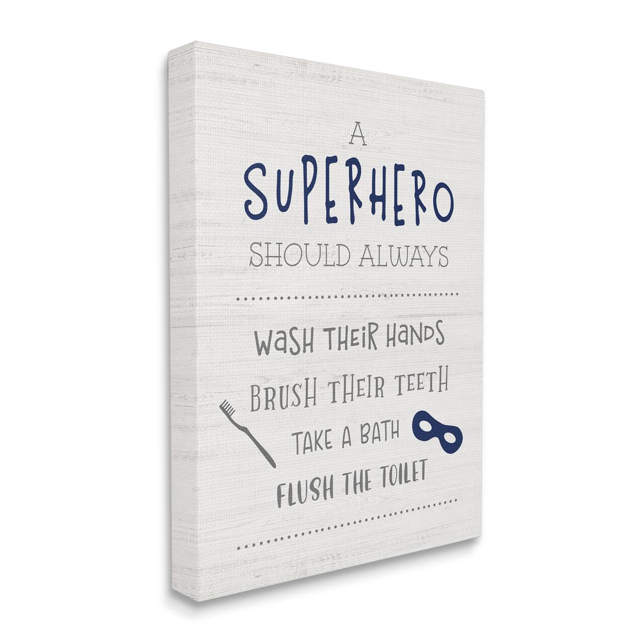 Stupell Industries Superhero Bathroom Rules Good Hygiene Phrases Blue Mask Canvas Wall Art